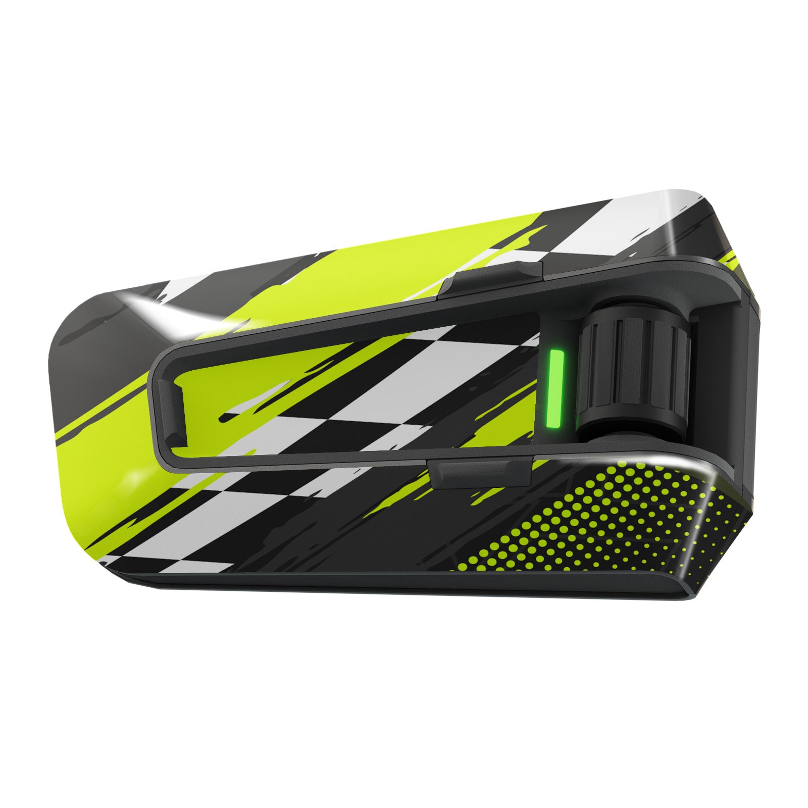 Yellow and green racing-style vinyl decal wrap sticker for Cardo Packtalk Edge by MC Motoparts, Apex series, glossy finish.