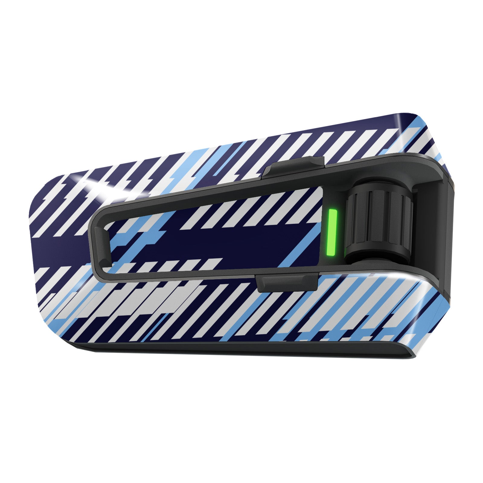 Blue Speed Lines vinyl sticker for Cardo Packtalk Edge, Velocity Racing Series, by MC Motoparts, featuring glossy or matte finish.