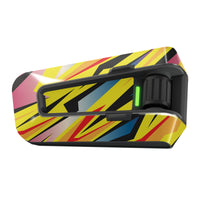 Vibrant glitch-style vinyl decal wrap for Cardo Packtalk Edge speaker by MC Motoparts, urban series design on glossy or matte finish