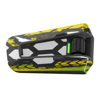 Yellow Cyber-Hex vinyl decal wrap for Cardo Packtalk Edge by MC Motoparts, glossy and matte finish, stylish protective skin.