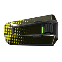 Yellow halftone vinyl decal wrap for Cardo Packtalk Edge, Cyber-Hex Series, by MC Motoparts, featuring glossy or matte finish.