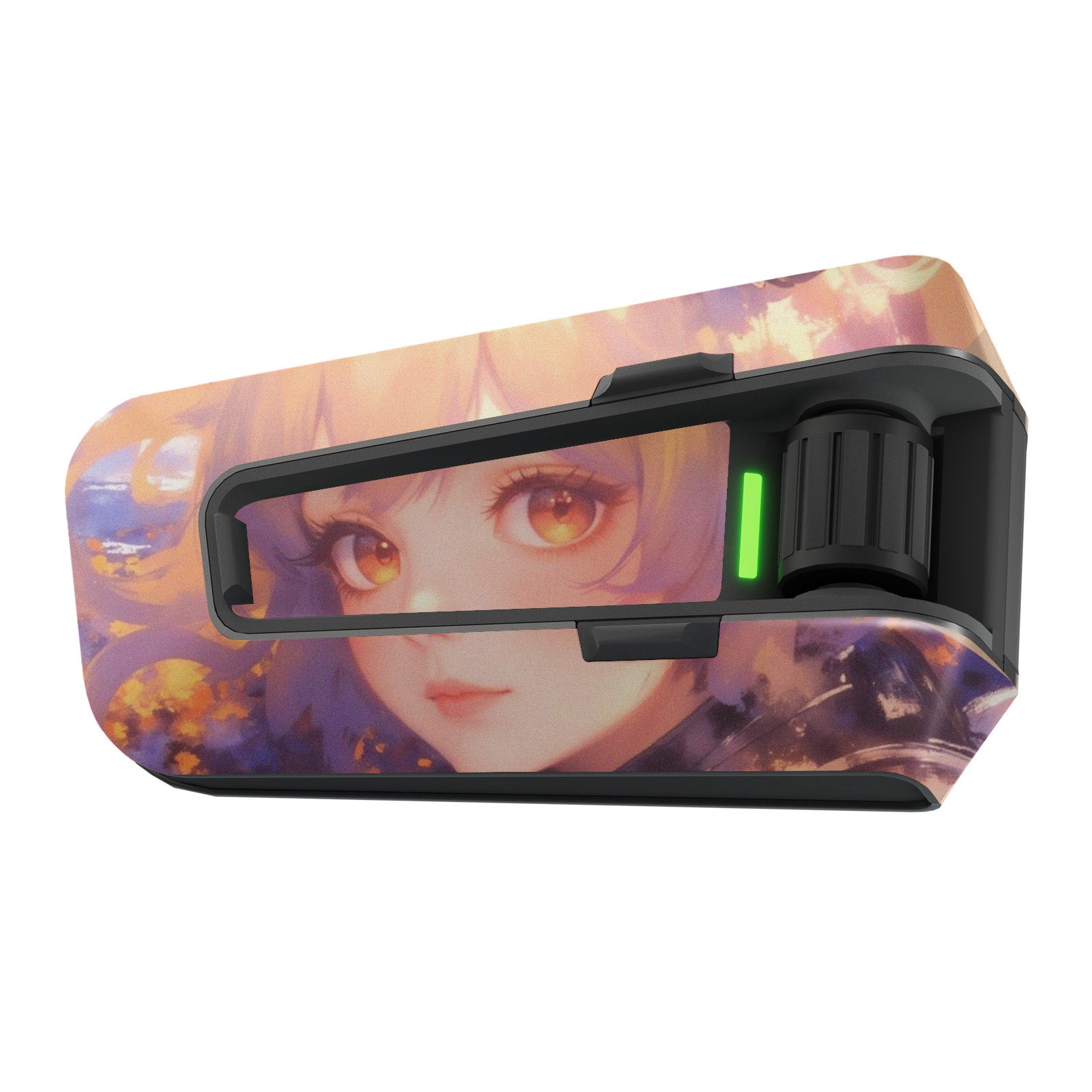 Matte vinyl decal wrap featuring anime girl design for Cardo Packtalk Edge by MC Motoparts, ideal for customizing motorcycle communication devices.