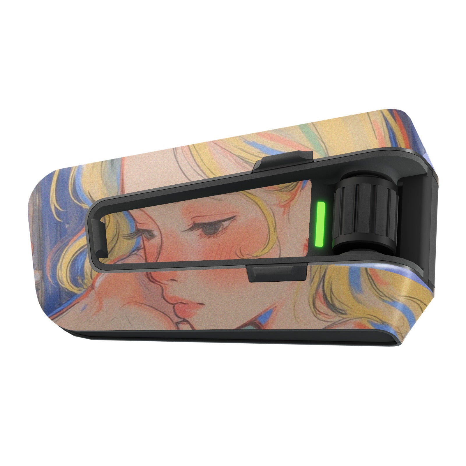 Matte vinyl decal wrap featuring an anime girl design for Cardo Packtalk Edge by MC Motoparts, stylized motorcycle communication sticker