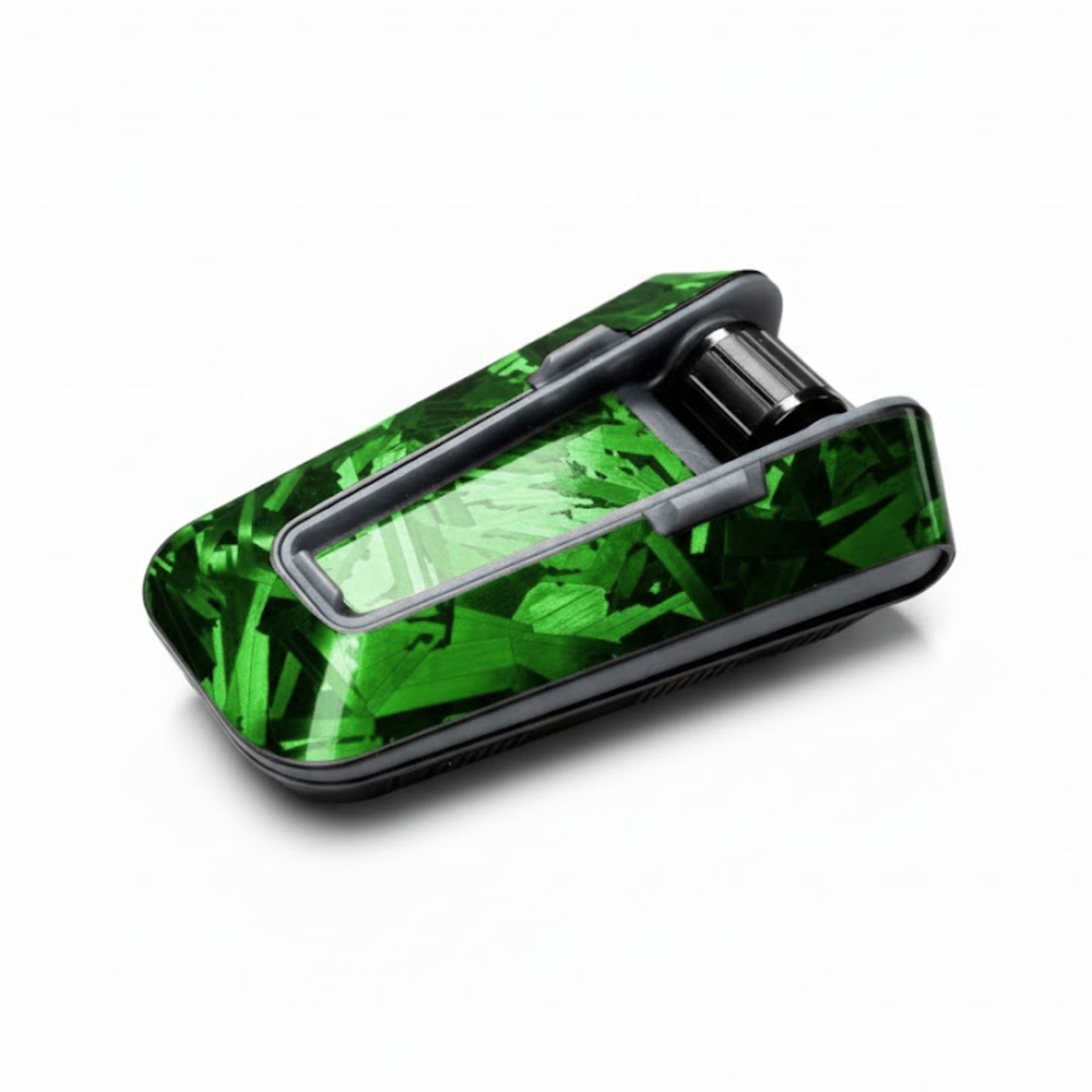 Cardo Packtalk Edge decal sticker with forged carbon glossy finish, designed for MC Motoparts device, shown on a reflective surface.