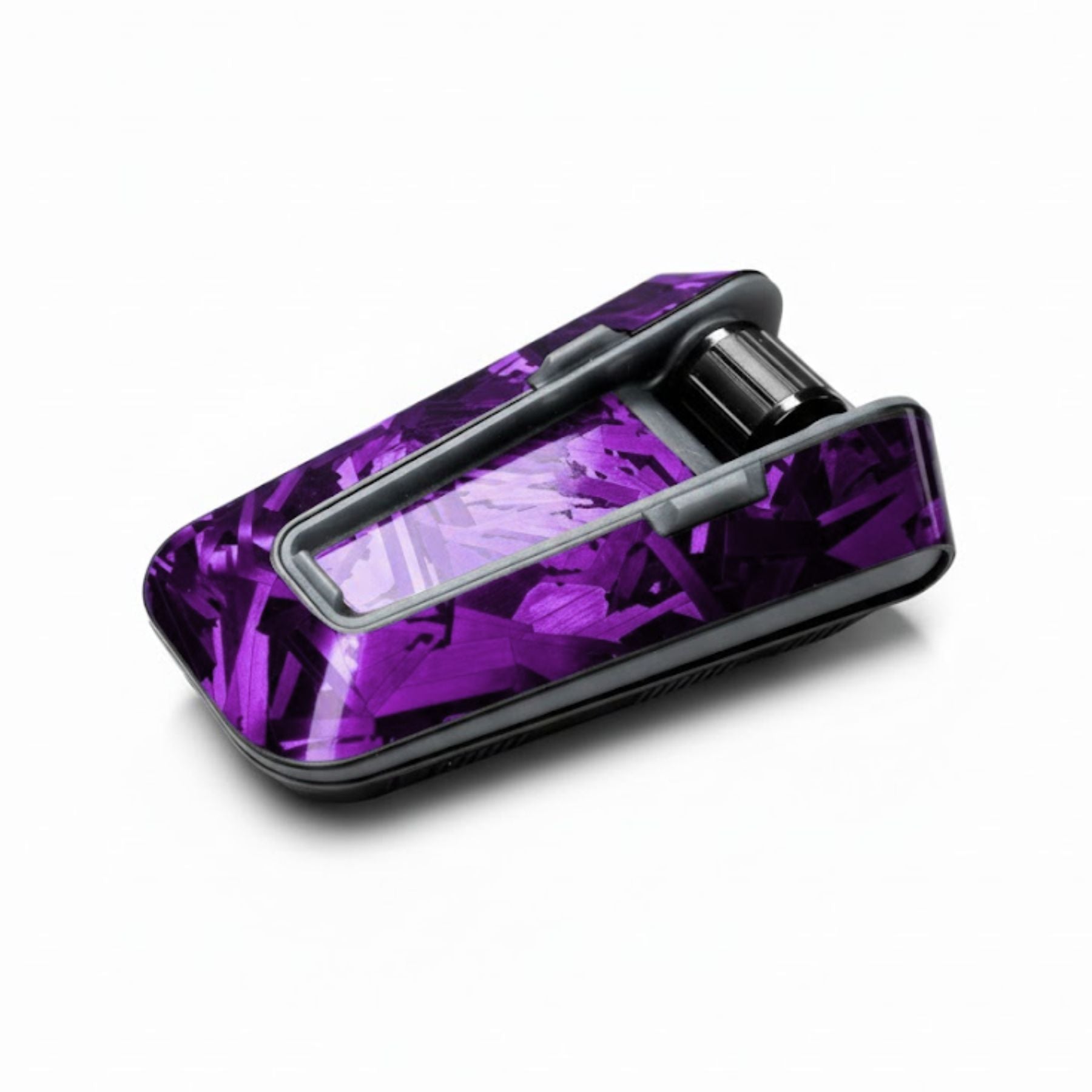 Forged carbon glossy decal sticker for Cardo Packtalk Edge device, by MC Motoparts, featuring a sleek, reflective carbon fiber design.