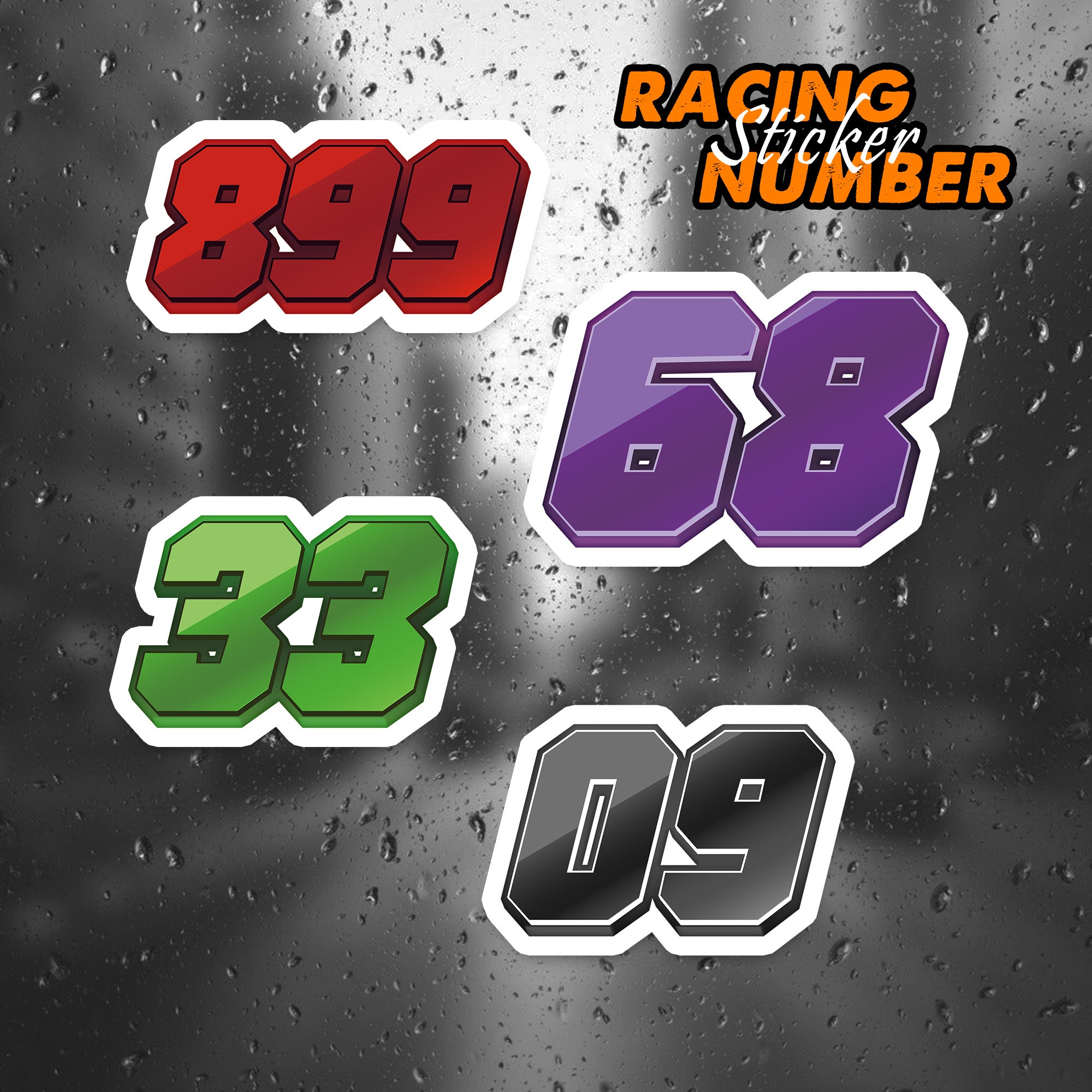 Three high-visibility racing number stickers with customizable name and number for dirt bikes and motorcycles by MC Motoparts.