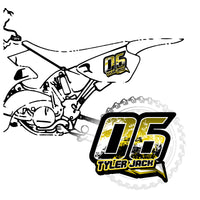 Set of three custom racing number decals with T11 geometric style and personalized name for motocross and karting from MC Motoparts.
