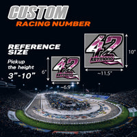 Set of three custom racing number decals with names in T11 geometric style for motocross and karting by MC Motoparts.