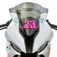 Personalized T23 solid color racing number stickers by MC Motoparts on a dirt bike motorcycle for custom decals, 3-pack.