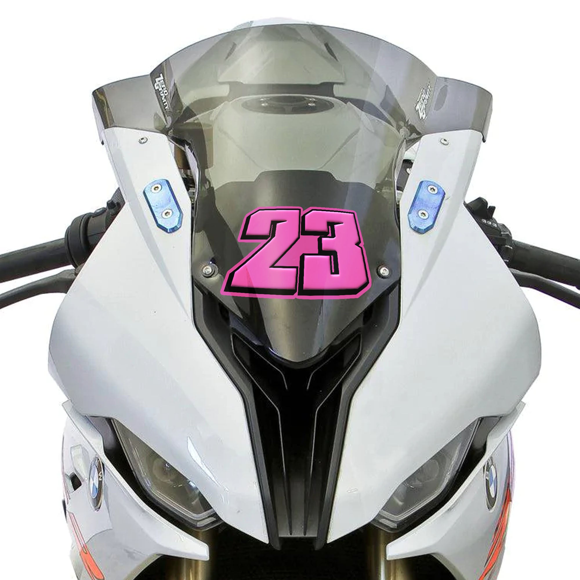 Personalized T23 solid color racing number stickers by MC Motoparts on a dirt bike motorcycle for custom decals, 3-pack.
