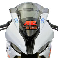 Custom racing number stickers by MC Motoparts, T26 split-fade gradient vinyl decals, installed on dirt bike or motorcycle.