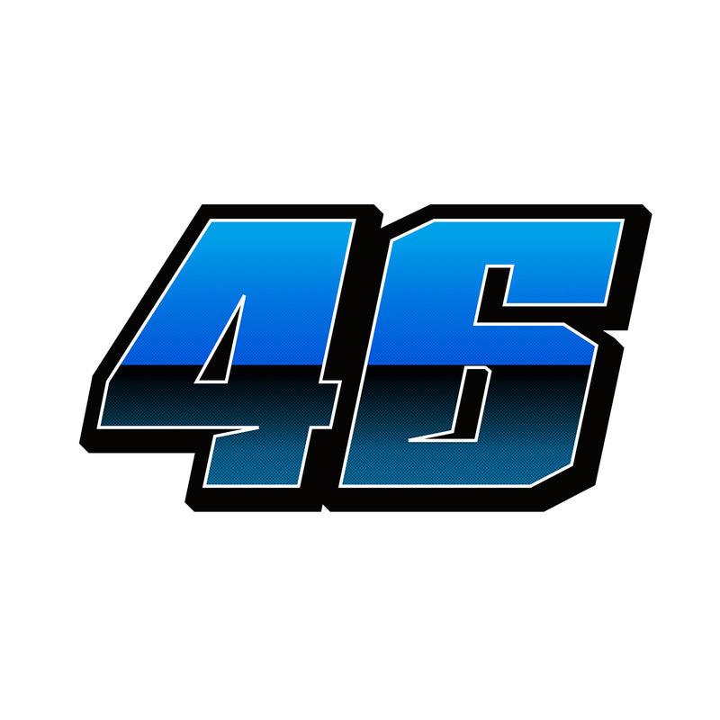 Three custom racing number stickers by MC Motoparts featuring T26 split-fade gradient colors for dirt bikes and motorcycles.