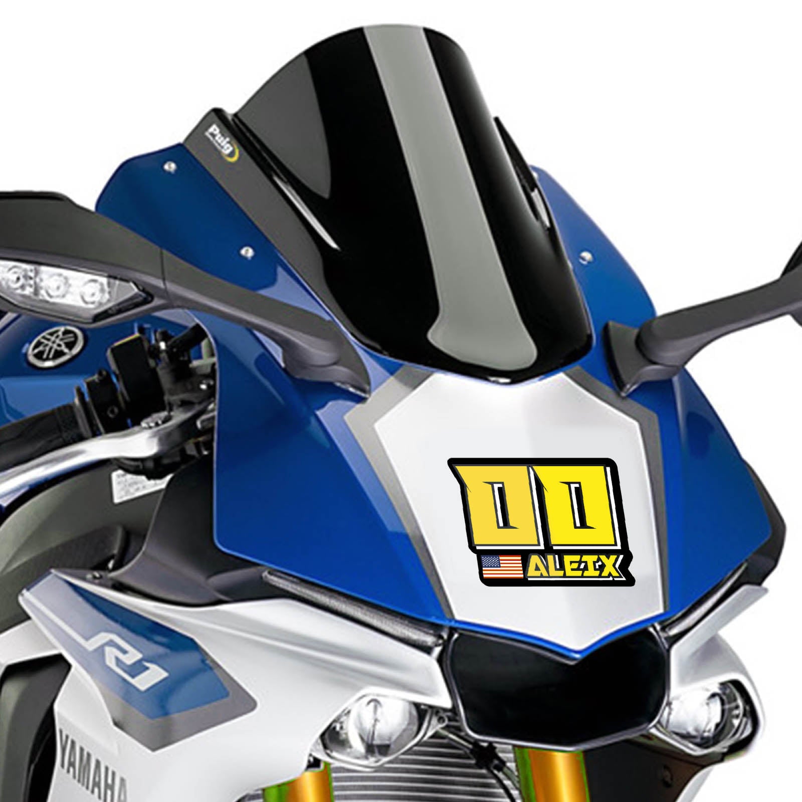 Custom racing number stickers with name and flag for dirt bikes, motocross, and motorcycles, featuring solid color vinyl decals.