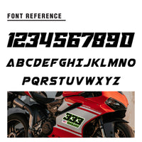 Custom racing number stickers with name and flag, MC Motoparts vinyl decals for dirt bikes, motocross, and motorcycles.