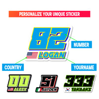 Custom racing number stickers with name and flag, MC Motoparts vinyl decals for dirt bikes, motocross, and motorcycles.