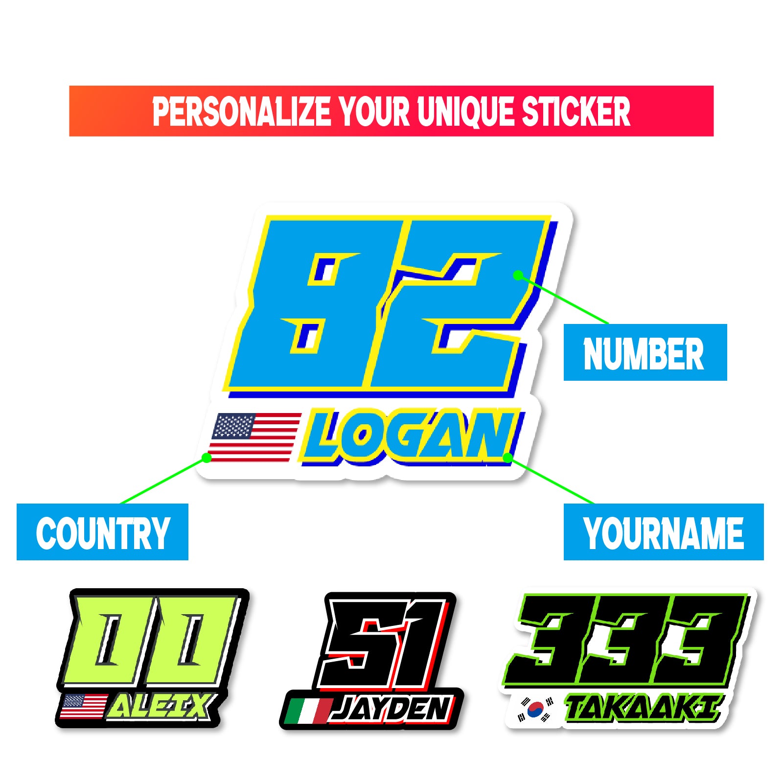 Custom racing number stickers with name and flag, MC Motoparts vinyl decals for dirt bikes, motocross, and motorcycles.