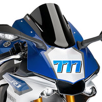 Three custom racing number stickers in solid colors on a sheet, designed for dirt bikes, motocross, and motorcycles by MC Motoparts