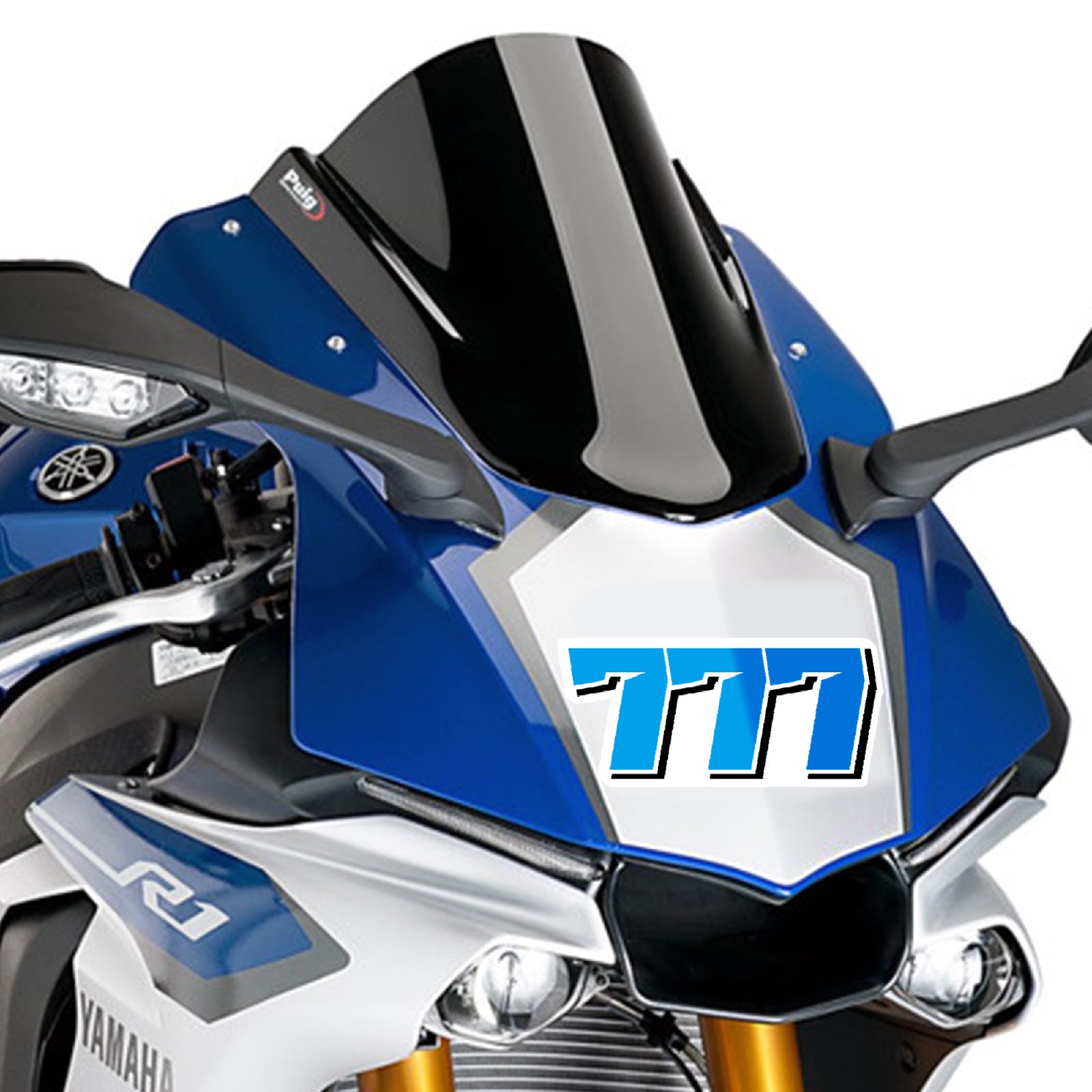 Three custom racing number stickers in solid colors on a sheet, designed for dirt bikes, motocross, and motorcycles by MC Motoparts