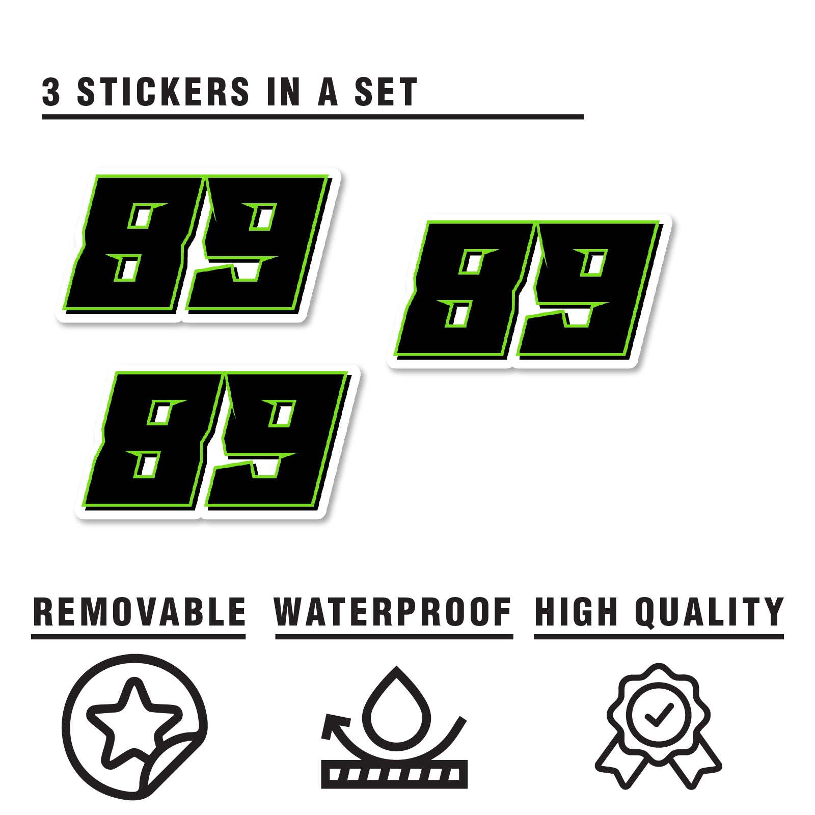 Set of three black custom racing number stickers for dirt bikes, motocross, and motorcycles by MC Motoparts.
