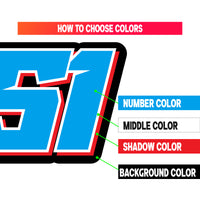 Close-up of MC Motoparts N51 racing number stickers in solid color vinyl for dirt bikes, motocross, and motorcycles.