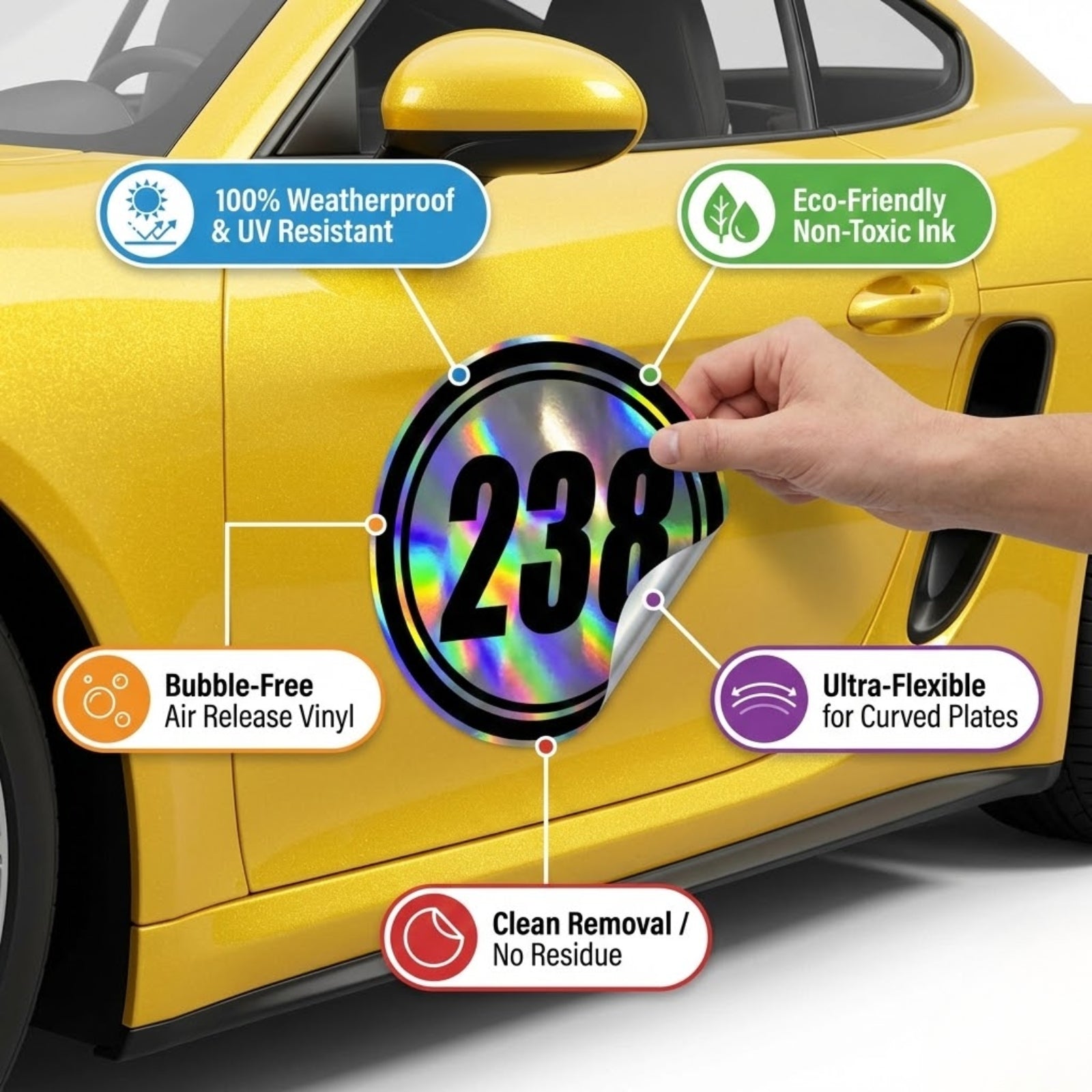 Custom Holographic Racing Number Stickers for Cars (Set of 2) - RCC001