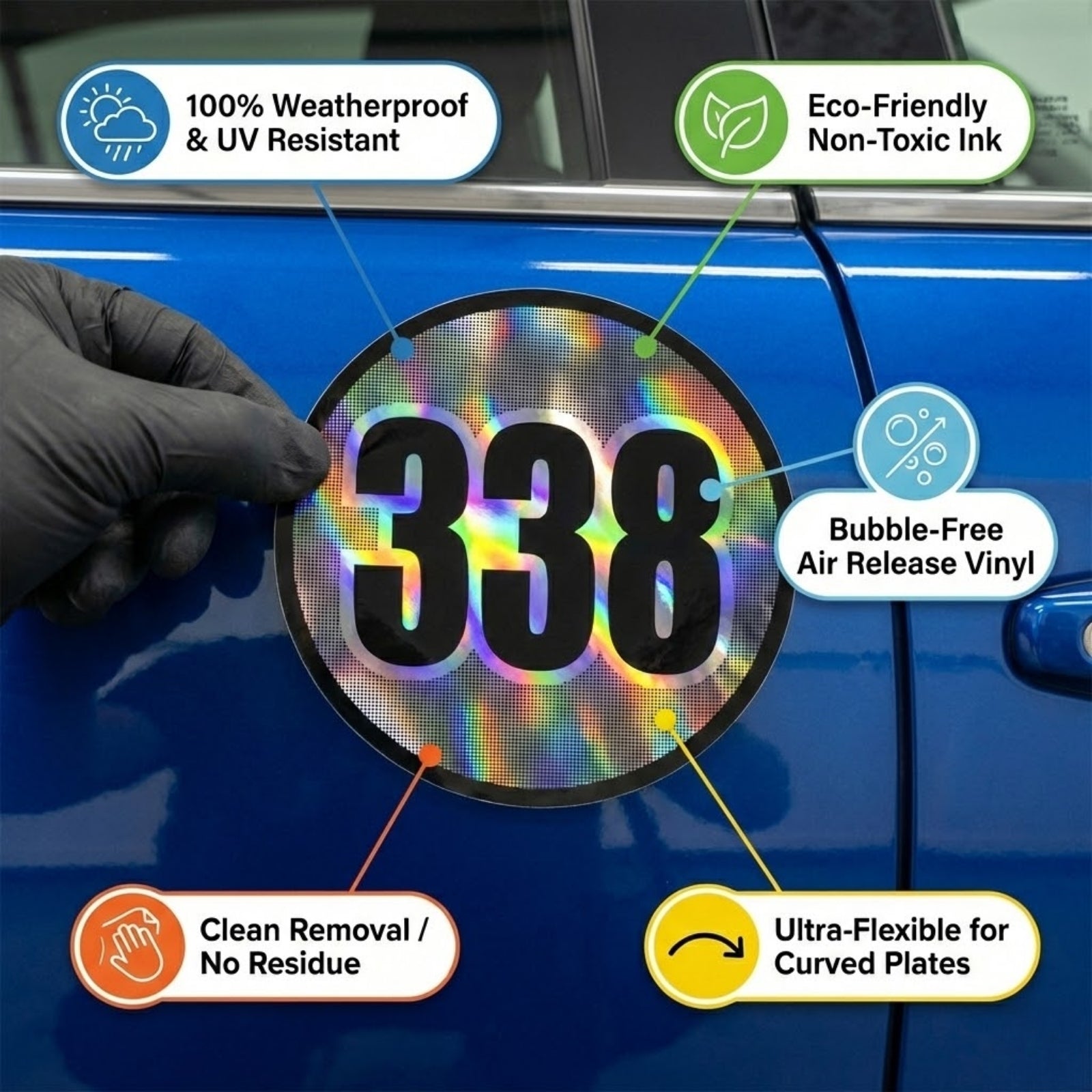 Custom Holographic Racing Number Stickers for Cars (Set of 2) - RCC005