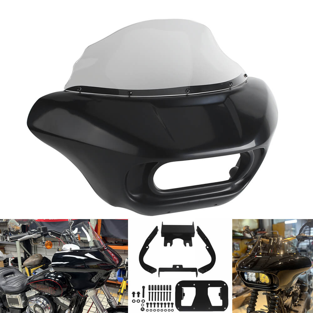 Harley Dyna Low Rider Street Bob FXR front headlight shark fairing with Baja Designs dual LP4 lighting bracket mount, Pazoma brand.