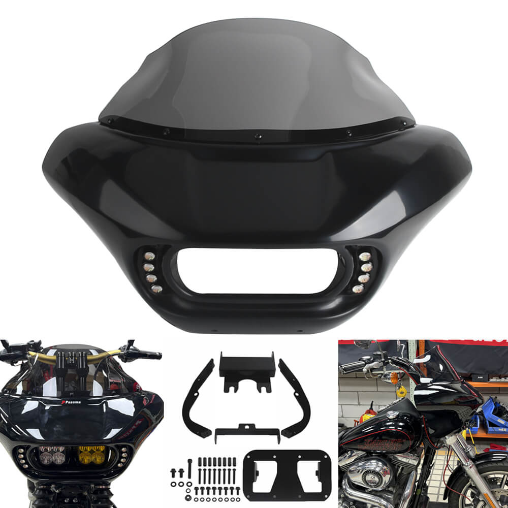 Harley Dyna Low Rider Street Bob FXR front headlight shark fairing with Baja Designs dual LP4 lighting bracket mount.