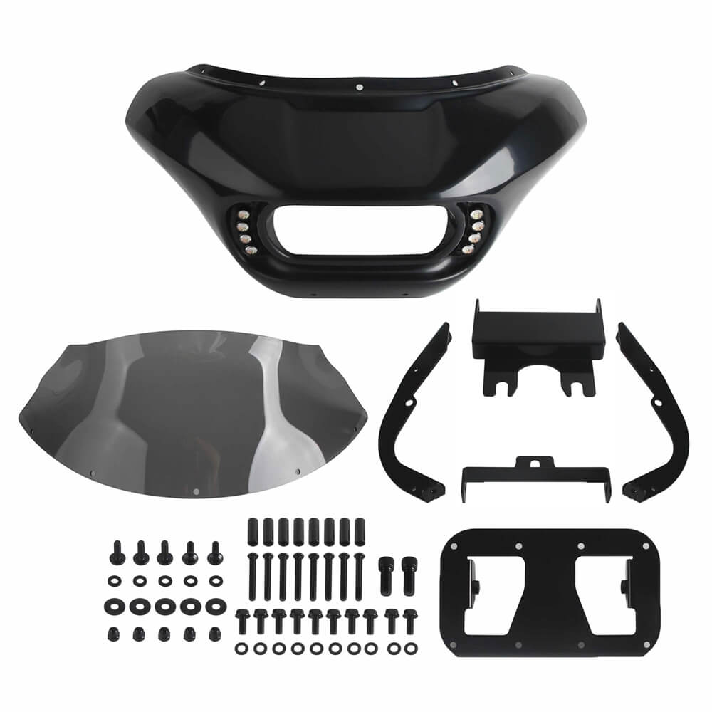Harley Dyna Low Rider Street Bob FXR front headlight shark fairing with Baja Designs dual LP4 lighting bracket mount.