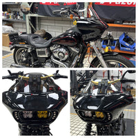 Harley Dyna Low Rider Street Bob FXR front headlight fairing with Baja Designs dual LP4 lighting bracket mount, black finish.
