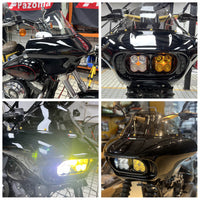Harley Dyna Low Rider Street Bob FXR front headlight shark fairing with Baja Designs dual LP4 lighting bracket, Pazoma brand.