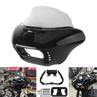 Harley Dyna Low Rider Street Bob FXR front headlight shark fairing with Baja Designs Dual LP4 lighting bracket mount.