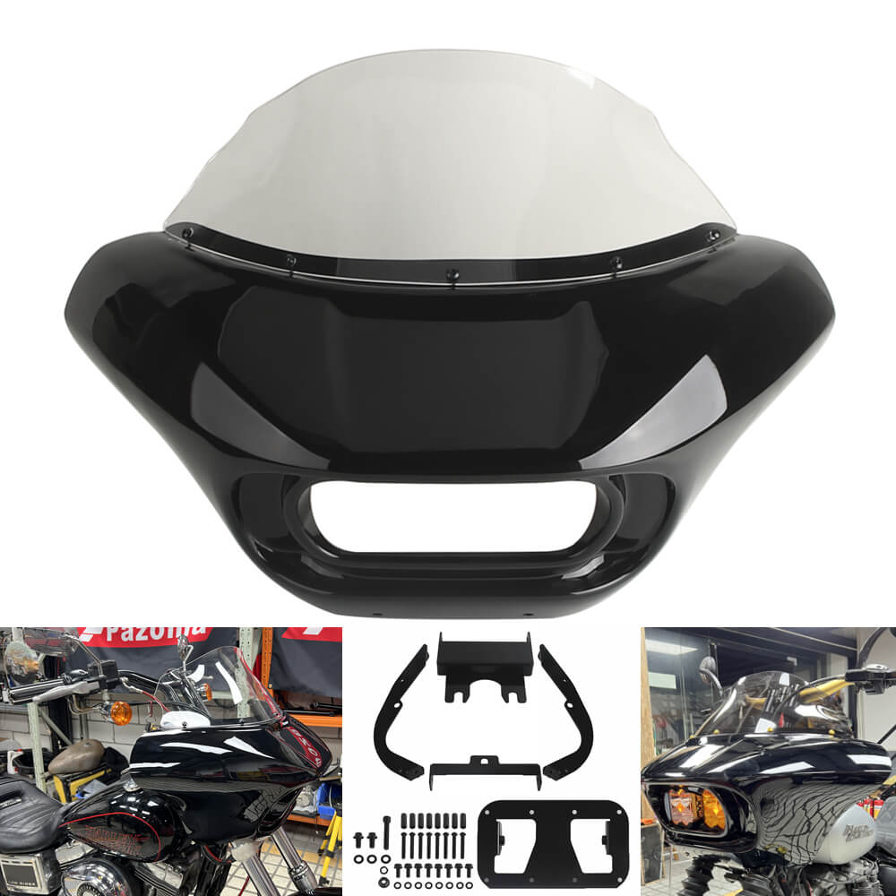 Harley Dyna Low Rider Street Bob FXR front headlight shark fairing with Baja Designs Dual LP4 lighting bracket mount.