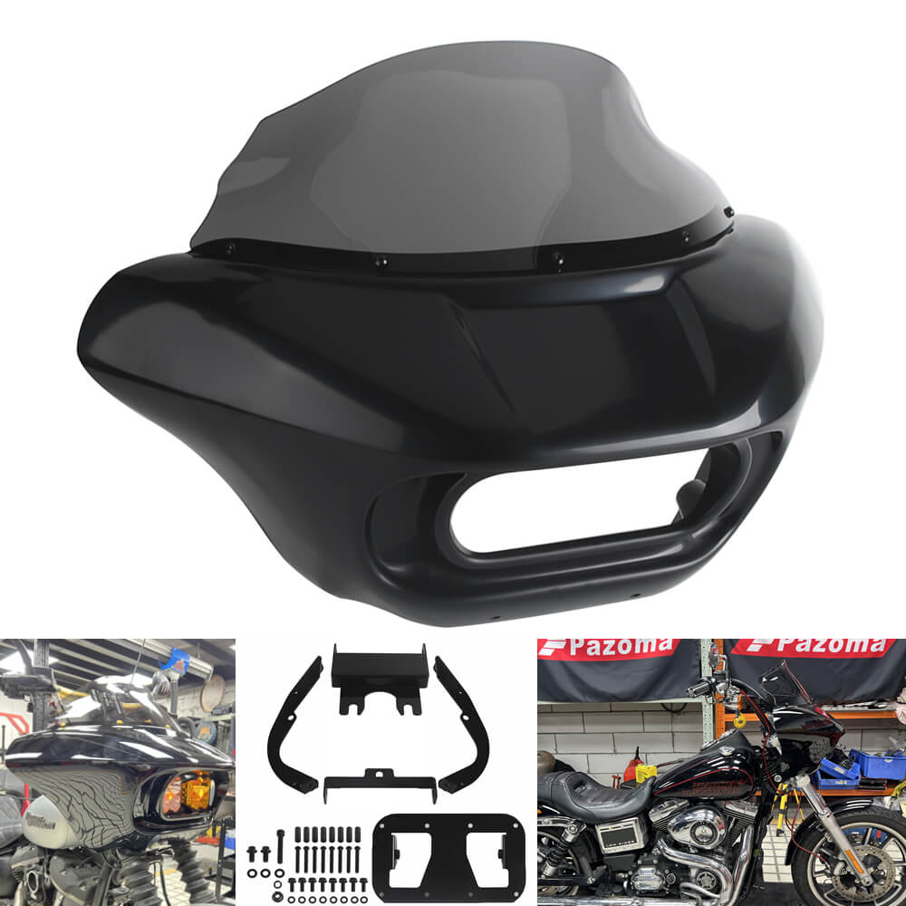 Harley Dyna Low Rider Street Bob FXR front headlight shark fairing with Baja Designs dual LP4 lighting bracket mount by Pazoma.