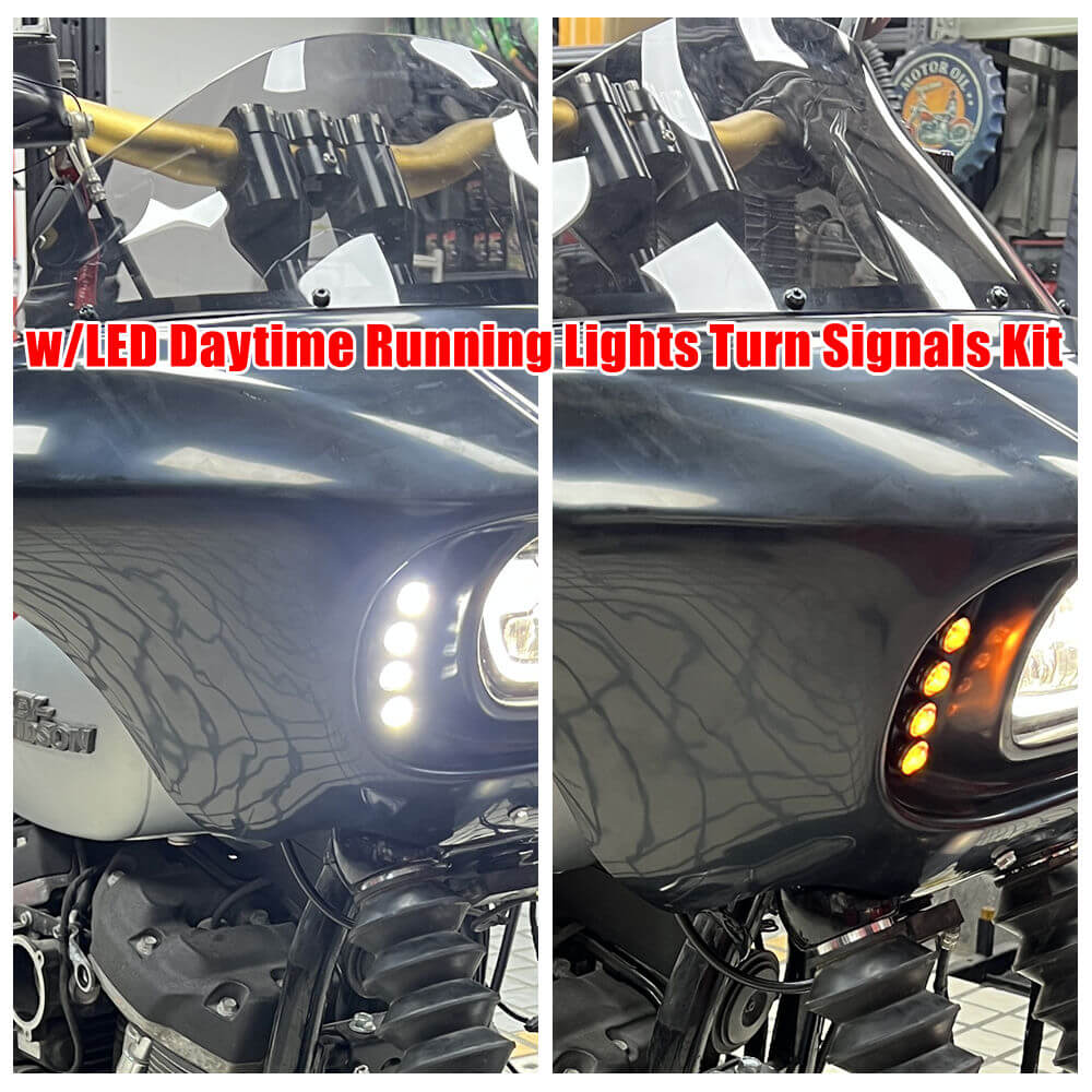 Harley Dyna Low Rider Street Bob FXR shark fairing with Baja Designs dual LP4 headlight and LED DRL turn signal mount.