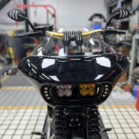 Harley Dyna Low Rider Street Bob Fat Bob FXR front headlight shark fairing with Baja Designs Dual LP4 lighting bracket mount.
