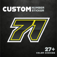 Three custom racing number stickers with gradient outline style for dirt bikes and motorcycles, featuring personalized decals by MC Motoparts.
