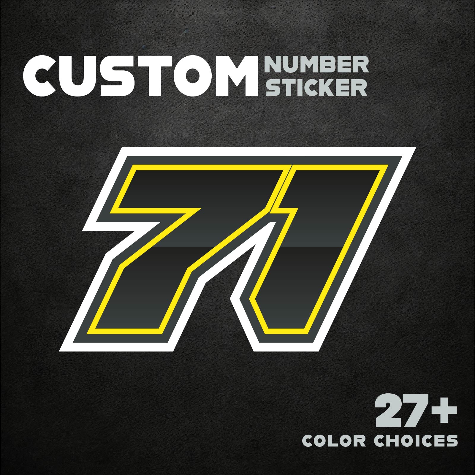 Three custom racing number stickers with gradient outline style for dirt bikes and motorcycles, featuring personalized decals by MC Motoparts.