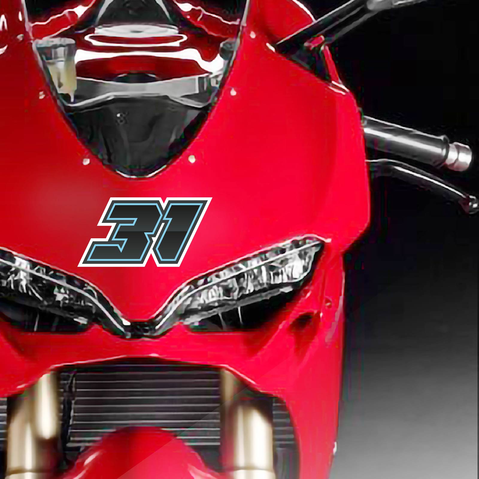 Custom racing number stickers by MC Motoparts, 3-pack with gradient outline style, for dirt bikes and motorcycles, shown installed.