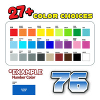 Three custom racing number stickers with gradient style for dirt bikes and motorcycles, featuring personalized decals from MC Motoparts.