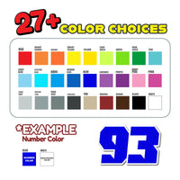 Three custom racing number stickers from MC Motoparts G008 style, personalized dirt bike and motorcycle decals.