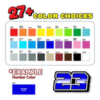 Three custom racing number stickers with G009 gradient style for dirt bikes and motorcycles, featuring personalized decals by MC Motoparts.