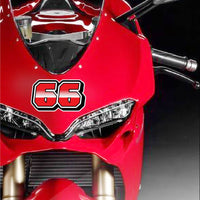 Custom racing number stickers from MC Motoparts, G009 gradient style, 3-pack decals for dirt bikes and motorcycles, shown installed.