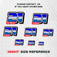 Three custom racing number stickers with G009 gradient style for dirt bikes and motorcycles, personalized decals by MC Motoparts.