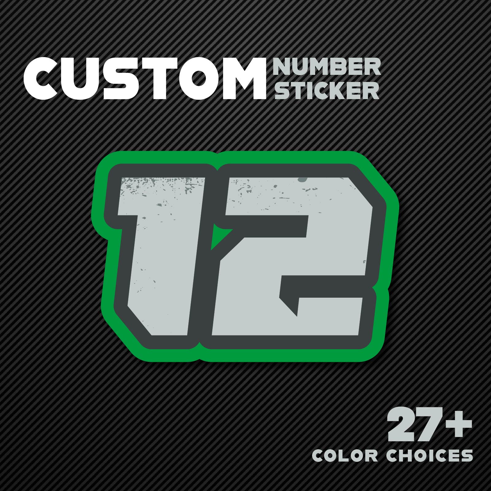 Three vintage American racing style number stickers for dirt bikes and motorcycles, customizable decals by MC Motoparts.