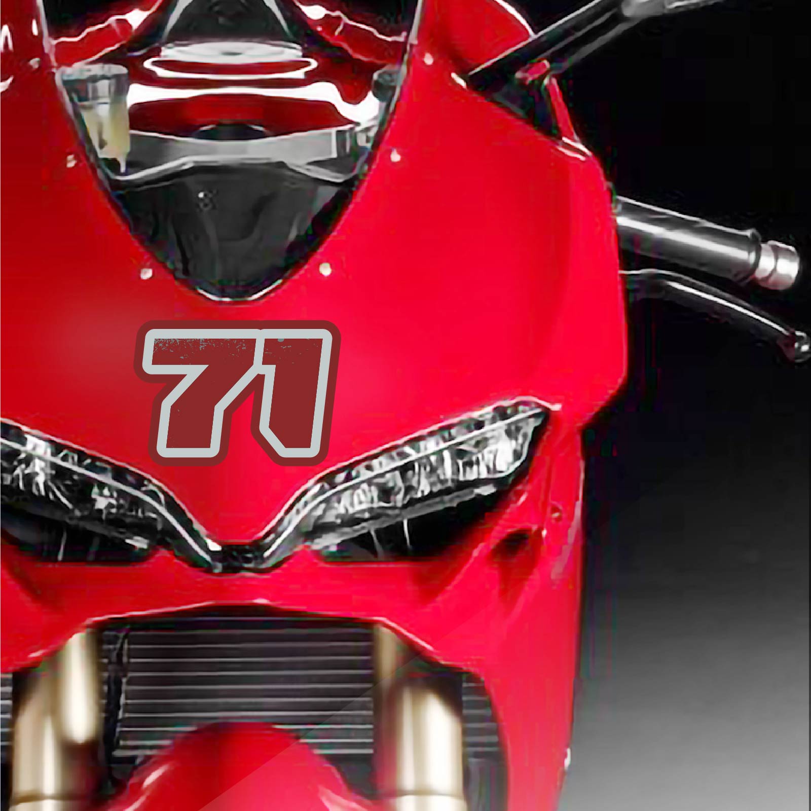 Custom racing number stickers from MC Motoparts, vintage American style, showing three personalized dirt bike and motorcycle decals installed.