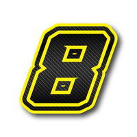 Set of three custom MC Motoparts G013 carbon fiber racing number and name decals on professional vinyl for dirt bikes and motorcycles.