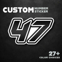 Set of three custom MC Motoparts G013 carbon fiber racing number and name decals on professional vinyl, designed for dirt bikes and motorcycles.