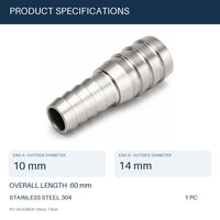 MC Motoparts 10mm to 14mm 304 stainless steel hose barb reducer joiner coupler, 50mm straight fitting