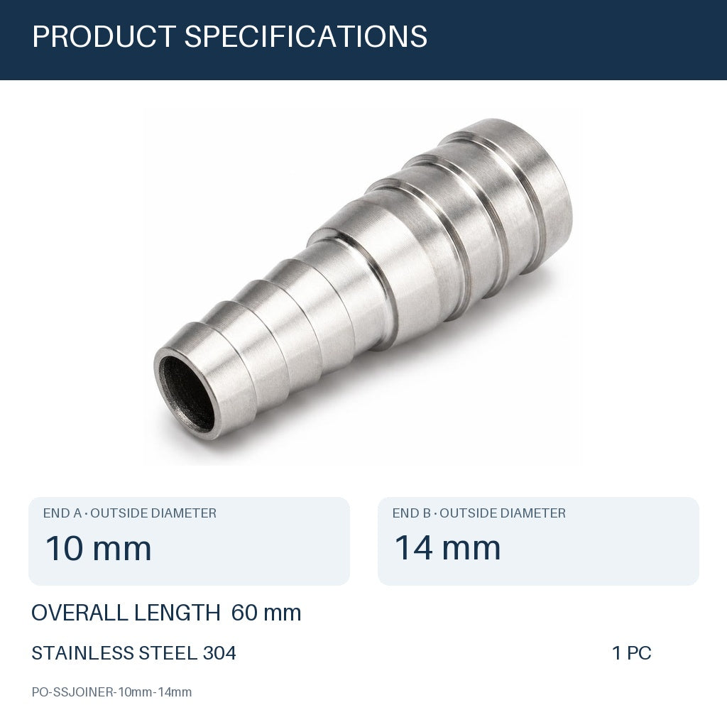 MC Motoparts 10mm to 14mm 304 stainless steel hose barb reducer joiner coupler, 50mm straight fitting